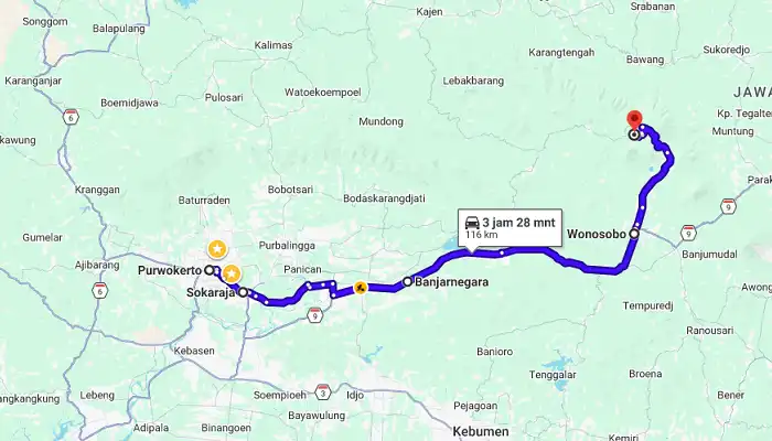 peta rute purwokerto ke dieng